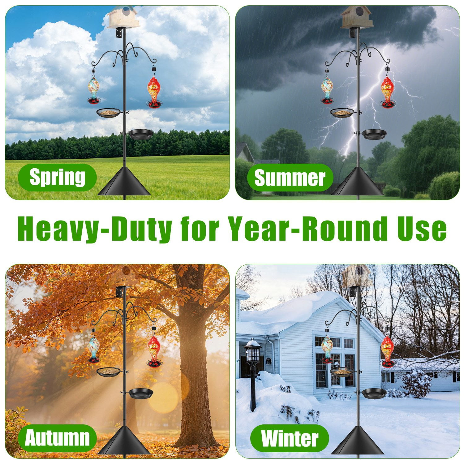 FENGFAN Adjustable Bird Feeder Pole with Squirrel Baffle,5-Prong Base Heavy Duty Iron Stand,4 Hooks Outdoor Garden Yard,1 Pack