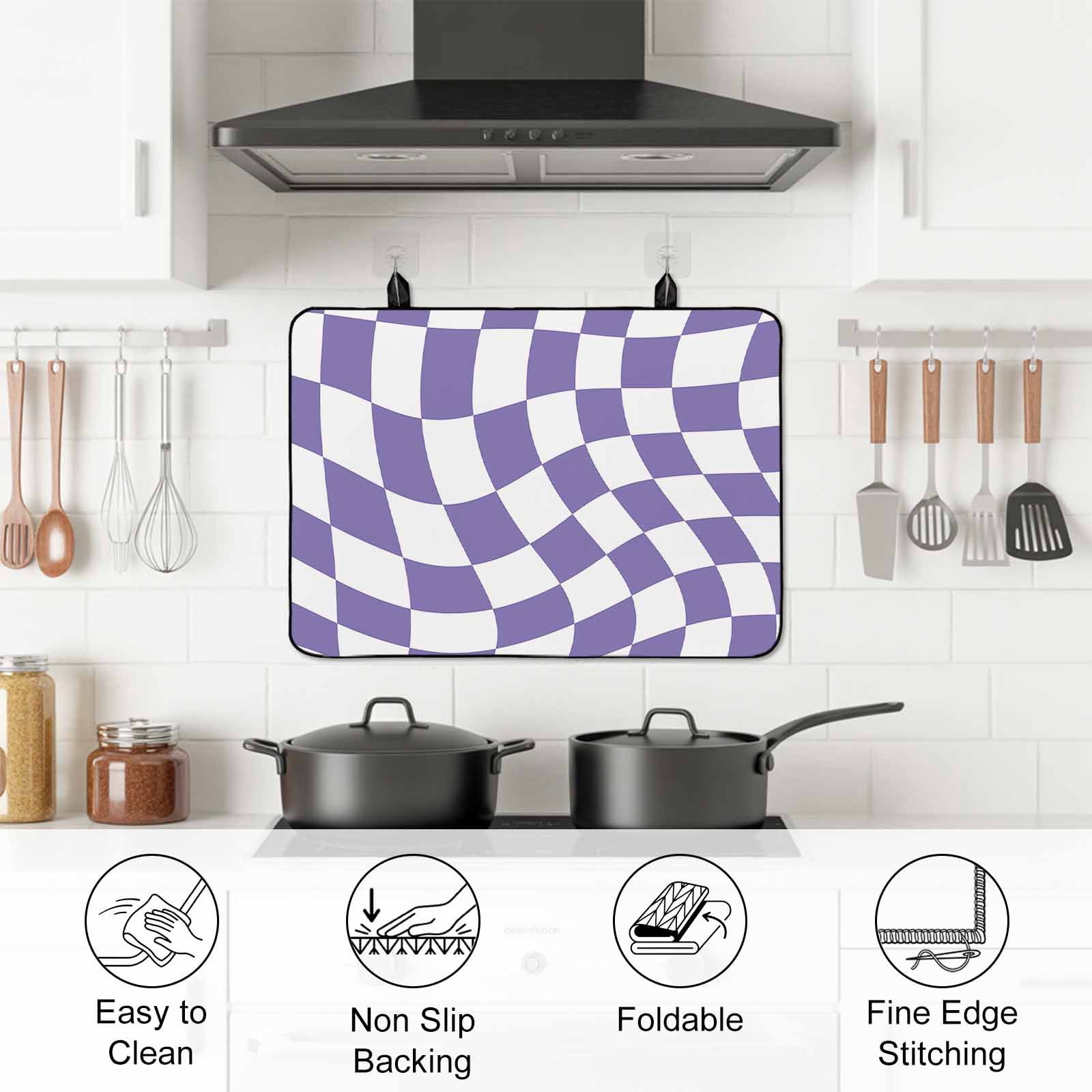 Purple White Checkered Stove Top Cover for Electric Stove, Heat-proof & Non Slip Glass Top Stove Cover Protector, Modern Irregular Geometric Kitchen Flat Cooktop Rubber Mat 28.5x20.5 Inches