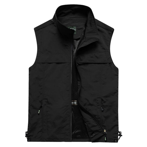 Chaleco outdoor con múltiples bolsillos para hombre - Color liso, cuello alto ajustado, poliéster, informal/trabajo, tallas M-XXXXL