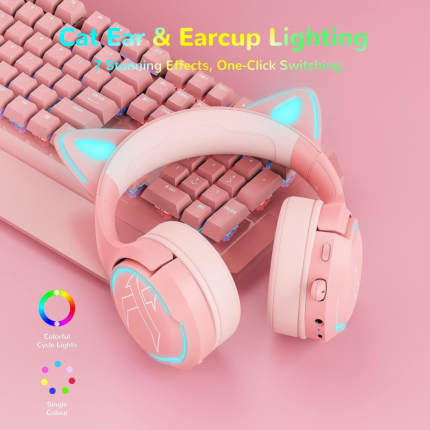 Binnune Pc Gaming Wireless Headsets With Cute Cat Ears For Girls 7 Color Rgb Lighting Bluetooth 3624