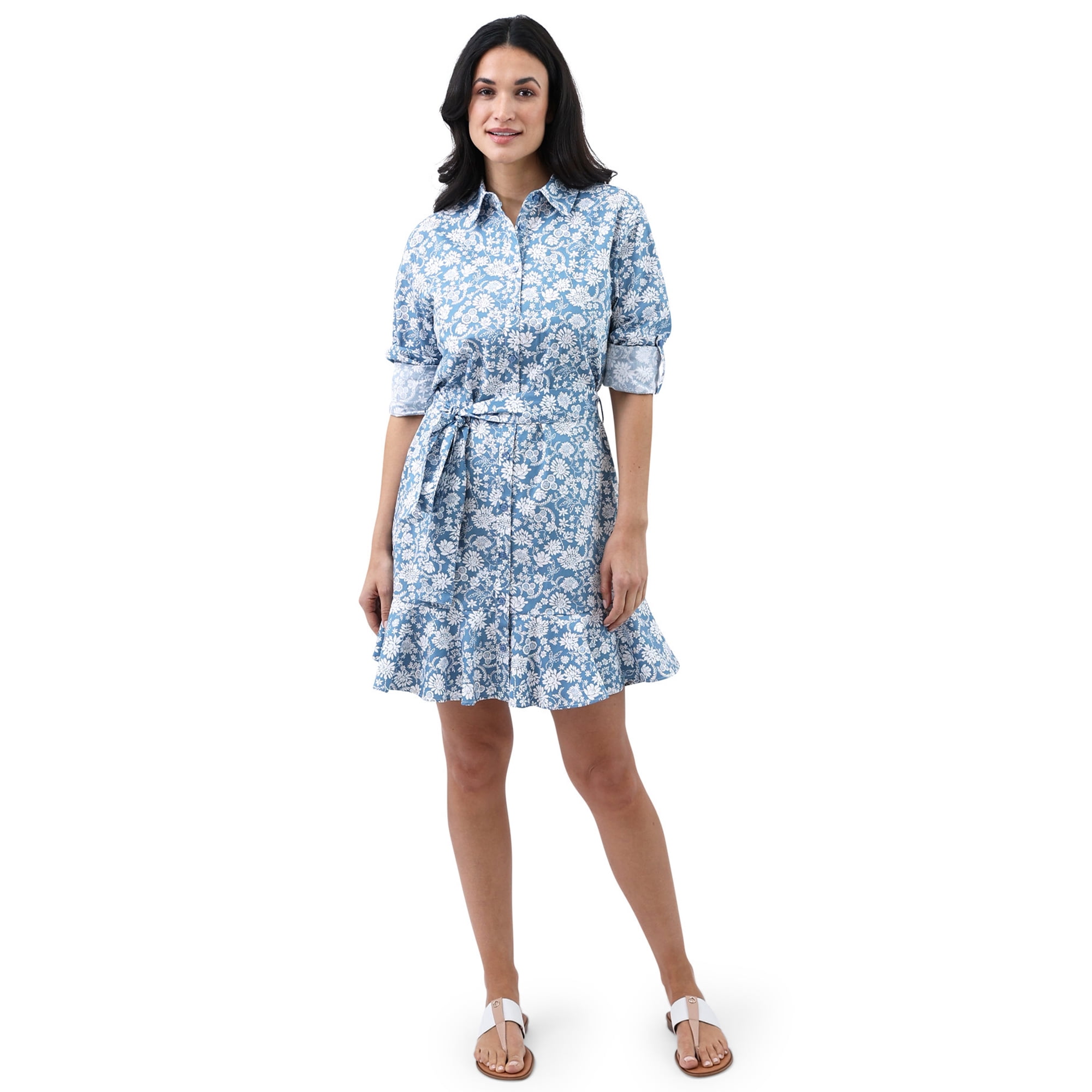 Chaps Women's Roll Cuff Button Down Poplin Dress with Belt - Walmart.com