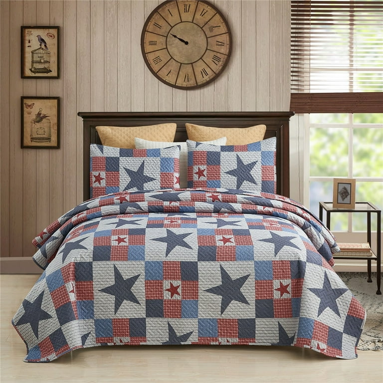 JML 3-PC Quilt Set Patriotic Americana Stars and Plaid Patchwork