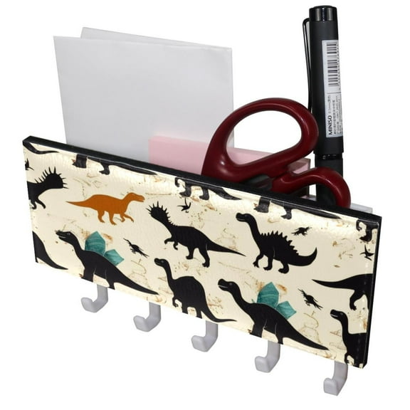 PhooArto Key Holder for Wall Decorative with 5 Key Hooks, Dinosaur Silhouettes Pattern Holders Wall Mount Organizer with Mail Key Rack, Self Adhesive