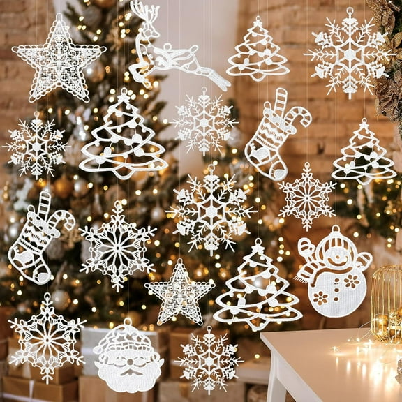 42pcs Christmas White Snowflake Ornaments Plastic Glitter Snow Flakes Ornaments，for Home Decor Winter Wonderland Christmas Tree Decor-White Color