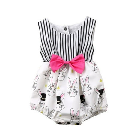 

Emmababy Baby Girls Stripe Sleeveless Romper Easter Bunny Print Bodysuit