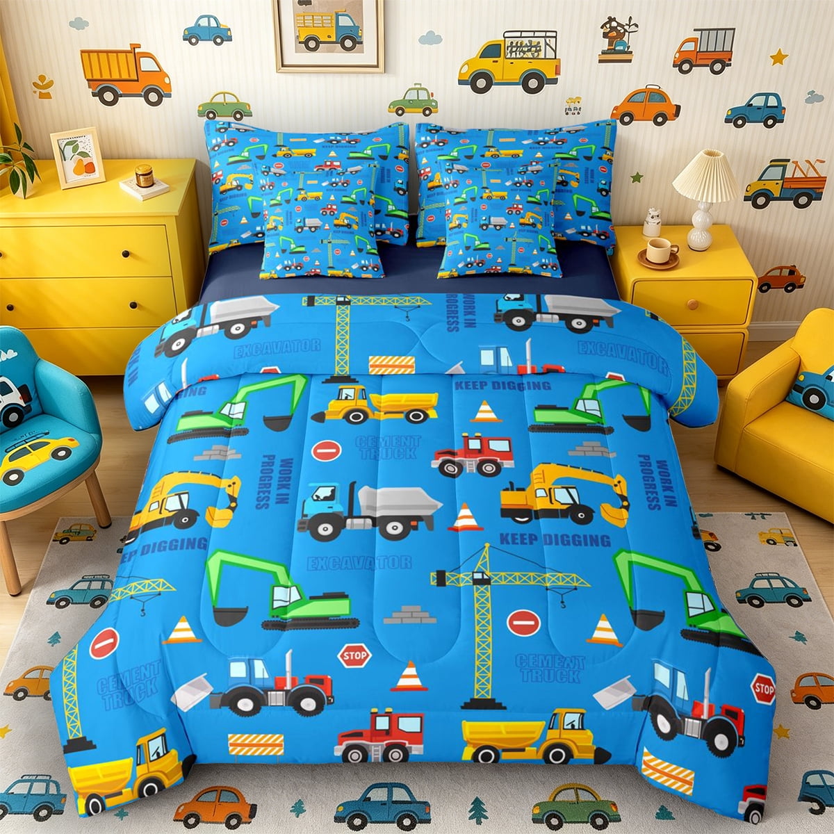 Castle Fairy Construction Truck Pattern Bedding Comforter Set 7pcs for Boys Keep Digging Print Queen Bedding Sets for Bedroom Yellow Blue Navy Blue Reversible