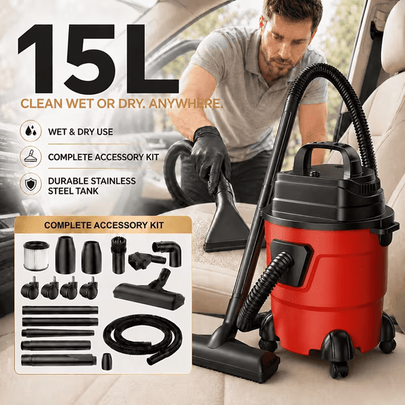 V18000PA Commercial Vacuum Cleaner - 2 Peak HP Suction Power - Lightweight 3-In-1 Wet And Dry Vacuum with Blower Function - Ideal for Cleaning Cars, Boats, Pet Hair, And Hard Floors