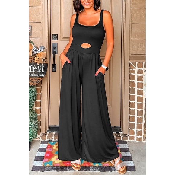I AM A FASHION JUNKY Black Peekaboo Wide Leg Square Neck Sleeveless Jumpsuit (Black, S, 65%Polyester+30%Viscose+5%Elastane)