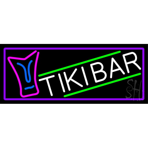 Sculpture Tiki Bar With Purple Border LED Neon Sign 13 x 32 - inches, Clear Edge Cut Acrylic Backing, with Dimmer - Bright and Premium built indoor LED Neon Sign for Bar decor.