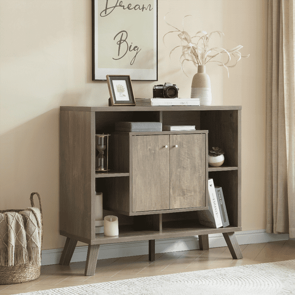 Wooden Compact Storage Cabinet with 2 Doors & 4 Open Shelves - Versatile Sideboard for Small Spaces, Entryway, Living Room