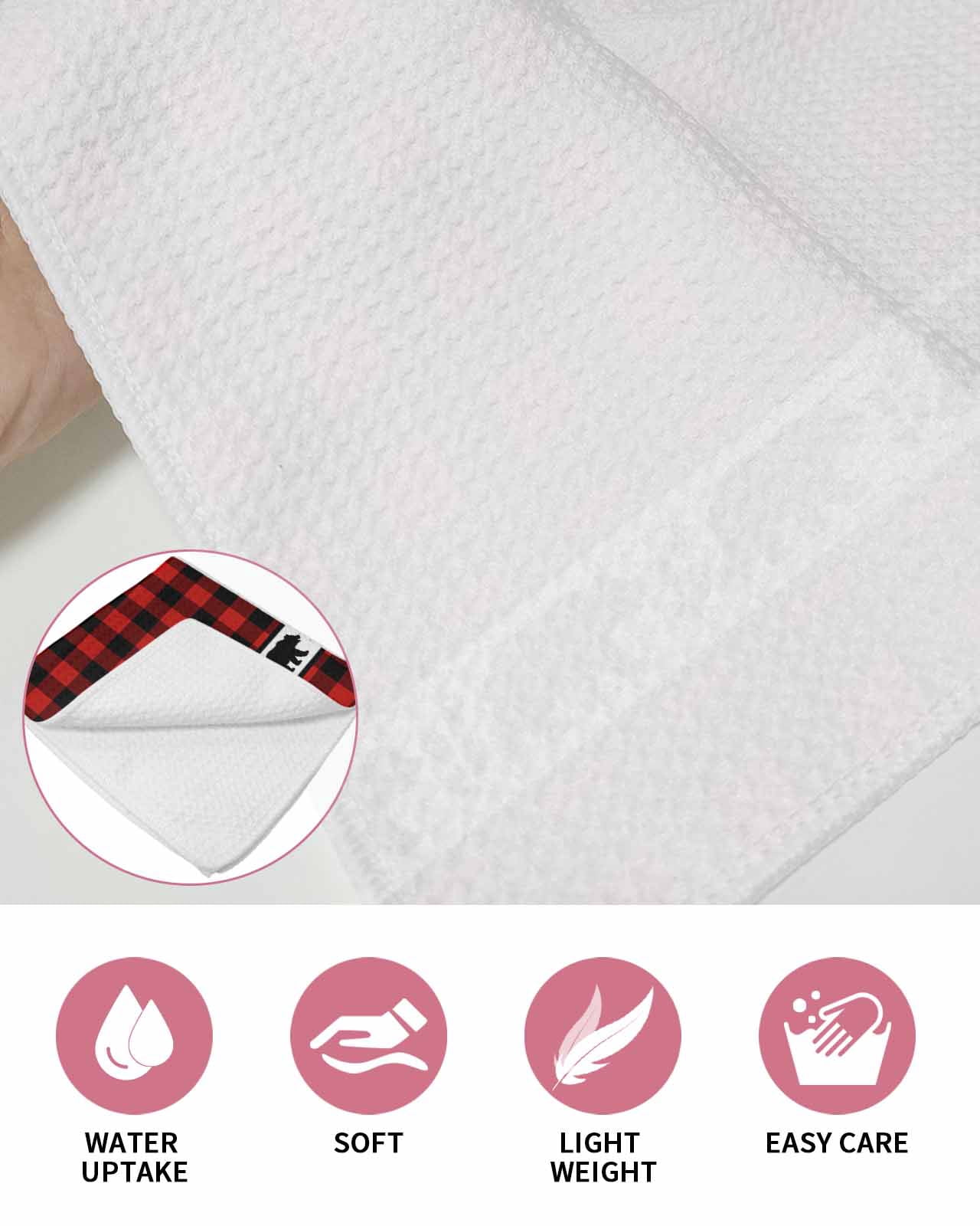 Red Black Plaid Kitchen Dish Towels for Drying Dishes Set of 4, Country Vintage Bear Buffalo Gingham Waffle Weave Microfiber Hand Tea Bathroom Towels Quick Dry & Absorbent Towel 12x12