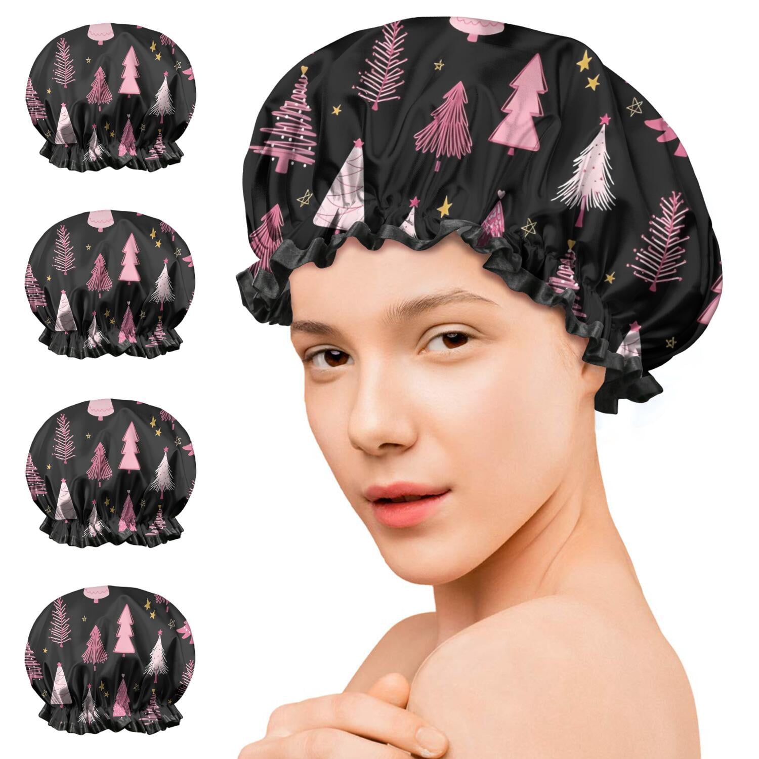 Shower Caps,Black and Pink Christmas Tree Pattern Waterproof Shower Cap for Women 4 Pieces,Double Reusable Hair Cover for Shower PEVA Elastic Stretch Hem