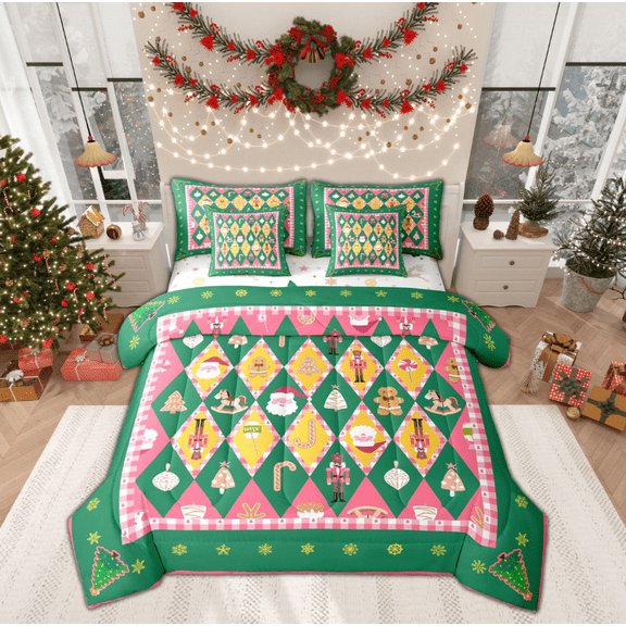 Manfei Kawaii Santa Claus Twin Bedding Sets 7-Piece for Kids, Green Checkered Plaid Bedding Comforter Set, Merry Christmas Reversible Sheet Sets, Ultra Soft Home Decor