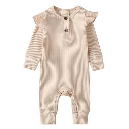 

Canrulo Infant Kids Baby Girl Boy Solid Color Long Ruffle Sleeve O-Neck Ribbed Jumpsuit Apricot 3-6 Months