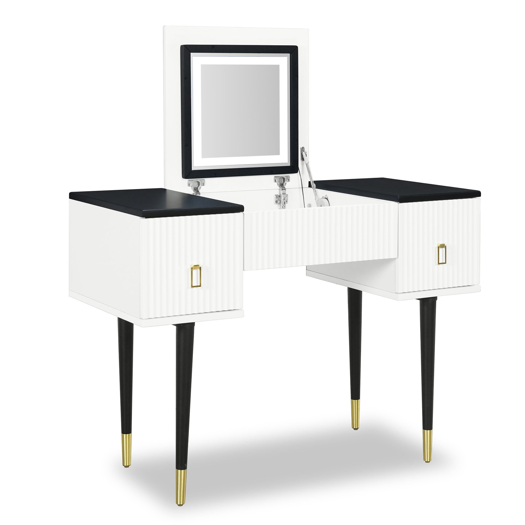 Euroco Modern Vanity Set with Flip-top Mirror and LED Light, Dressing Table with 2 Drawers, 43.3" Makeup Table, White and Black