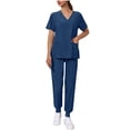 thumbnail image 2 of Pxxlle Scrubs for Women Set Jogger Pants and V Neck Short Sleeve Scrub Tops Solid Color Nursing Uniform with Pockets Navy L, 2 of 10
