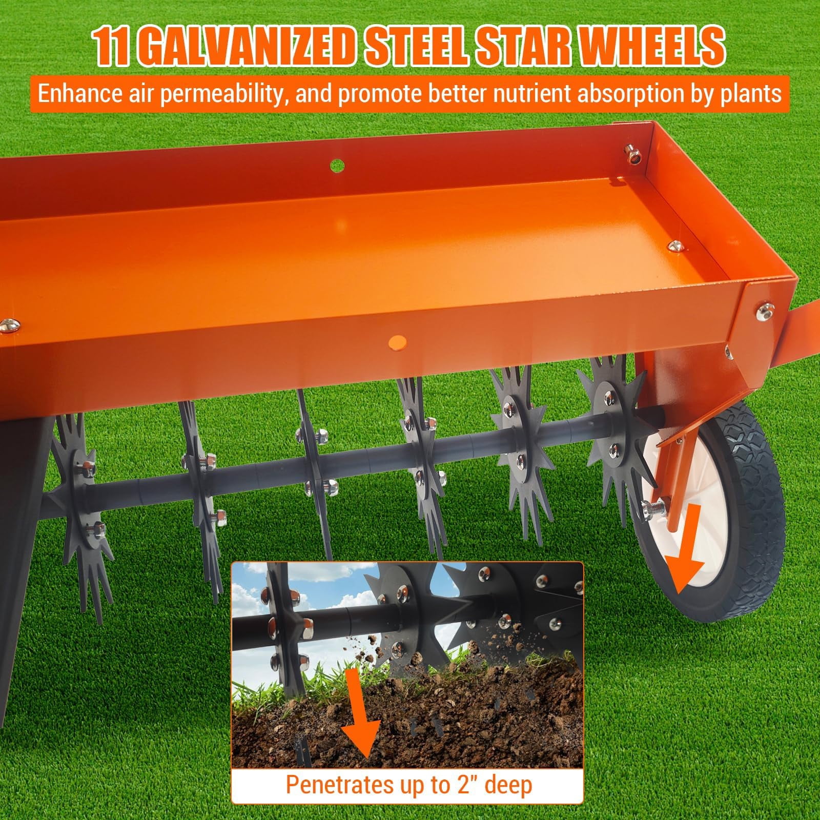 40" Tow-Behind Lawn Aerator, Heavy-Duty Core Aeration Tool with Universal Hitch & Transport Wheels, Adjustable Handle for Tractor, Garden Farm Lawn Care