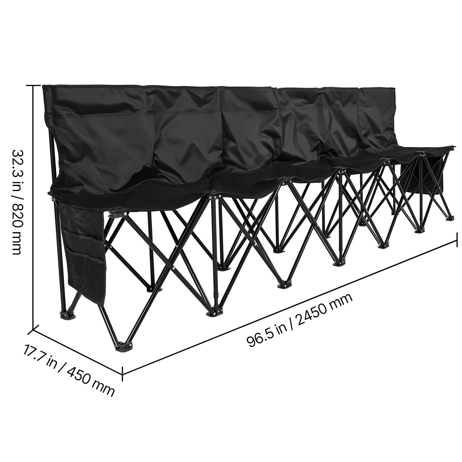 6 Person Portable Folding Sports Bench with Backrest, Multi Storage Pockets 600D Oxford Soccer Sideline Bench Φ16mm Iron Frame with Carry Bag for Football Baseball Camping Black