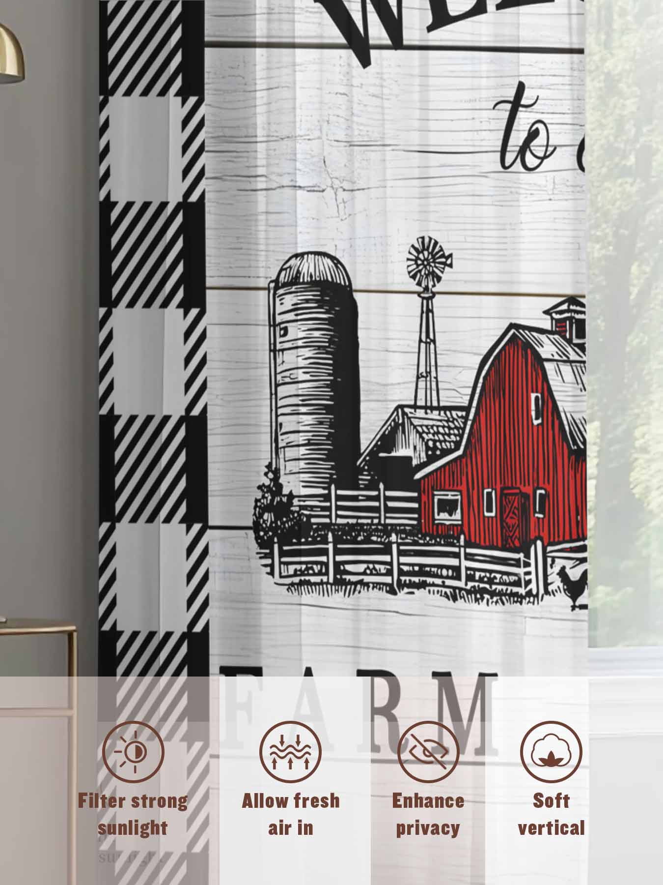 Welcome to Our Farm House Sheer Curtains for Living Room Bedroom, Red Barn Vintage Black White Plaid Wood Grain Light Filtering Sheer Curtains, Rod Pocket Voile Window Drapes, 2 Panels Set 52"x 63"