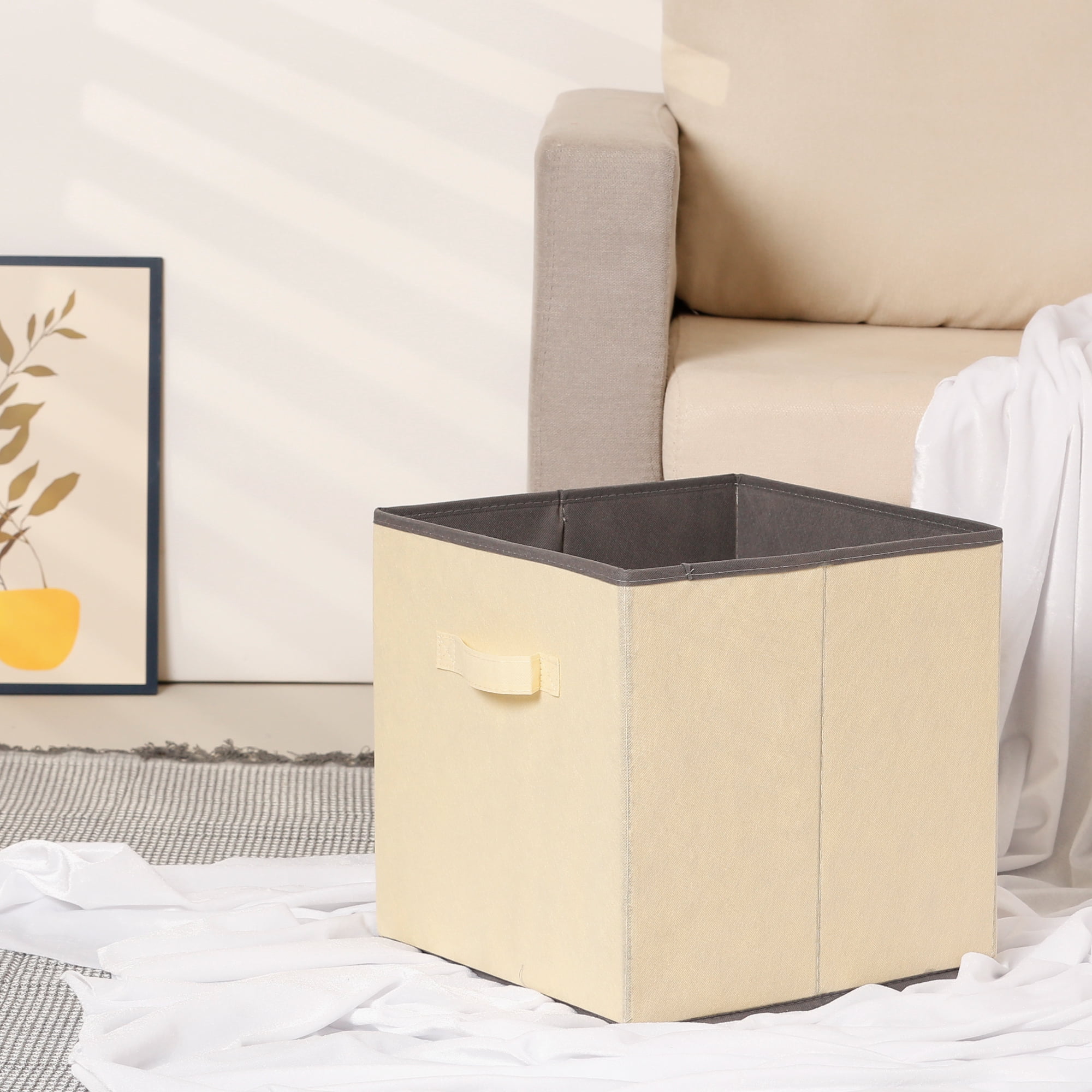Unique Bargains 3 Pcs Square Fabric Collapsible Storage Basket Bin with Handle Beige M