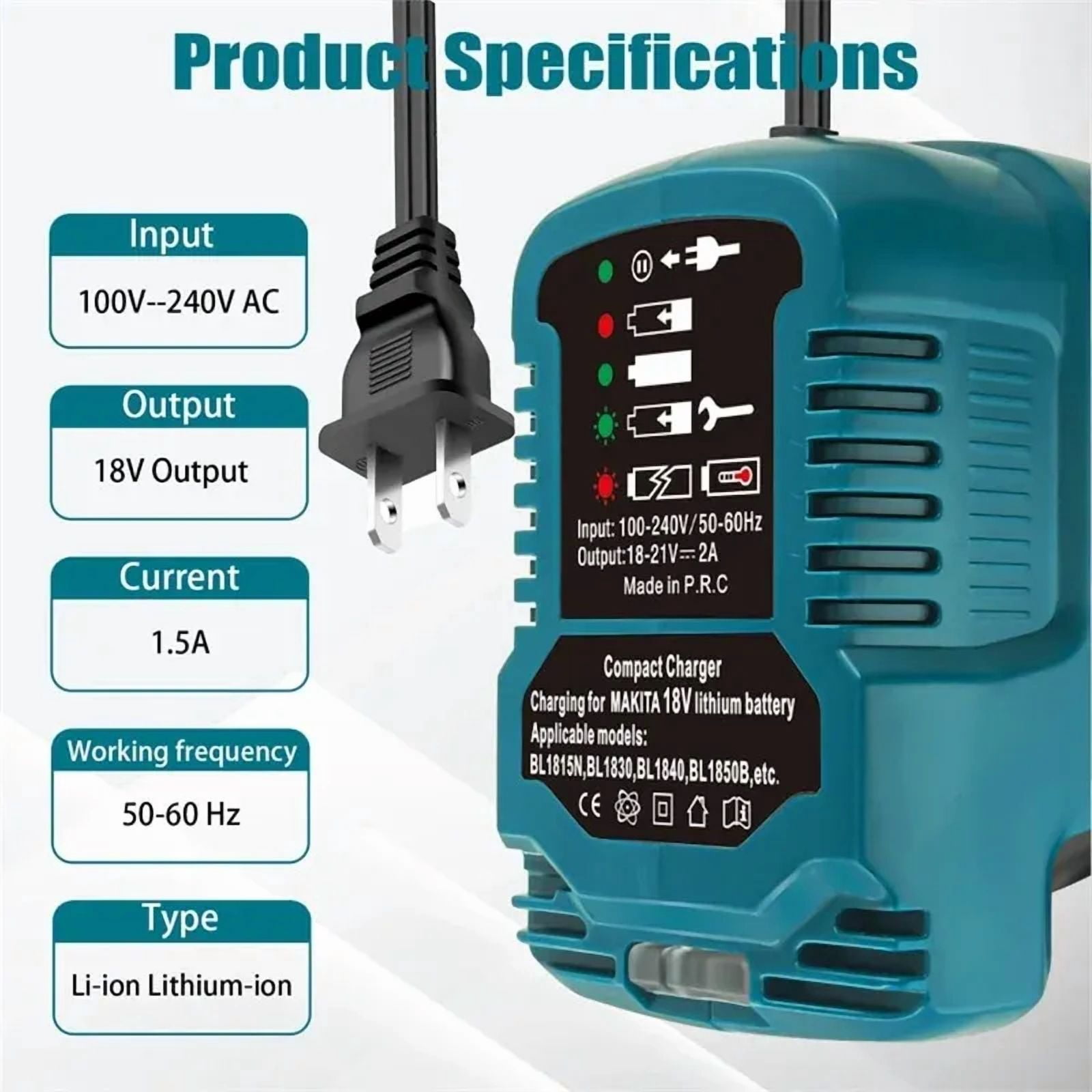 US plug Charger For Ma-kita 18V Li-ion Battery BL1850B BL1860B BL1830B Portable Mini Fast Charger with LED Indicator