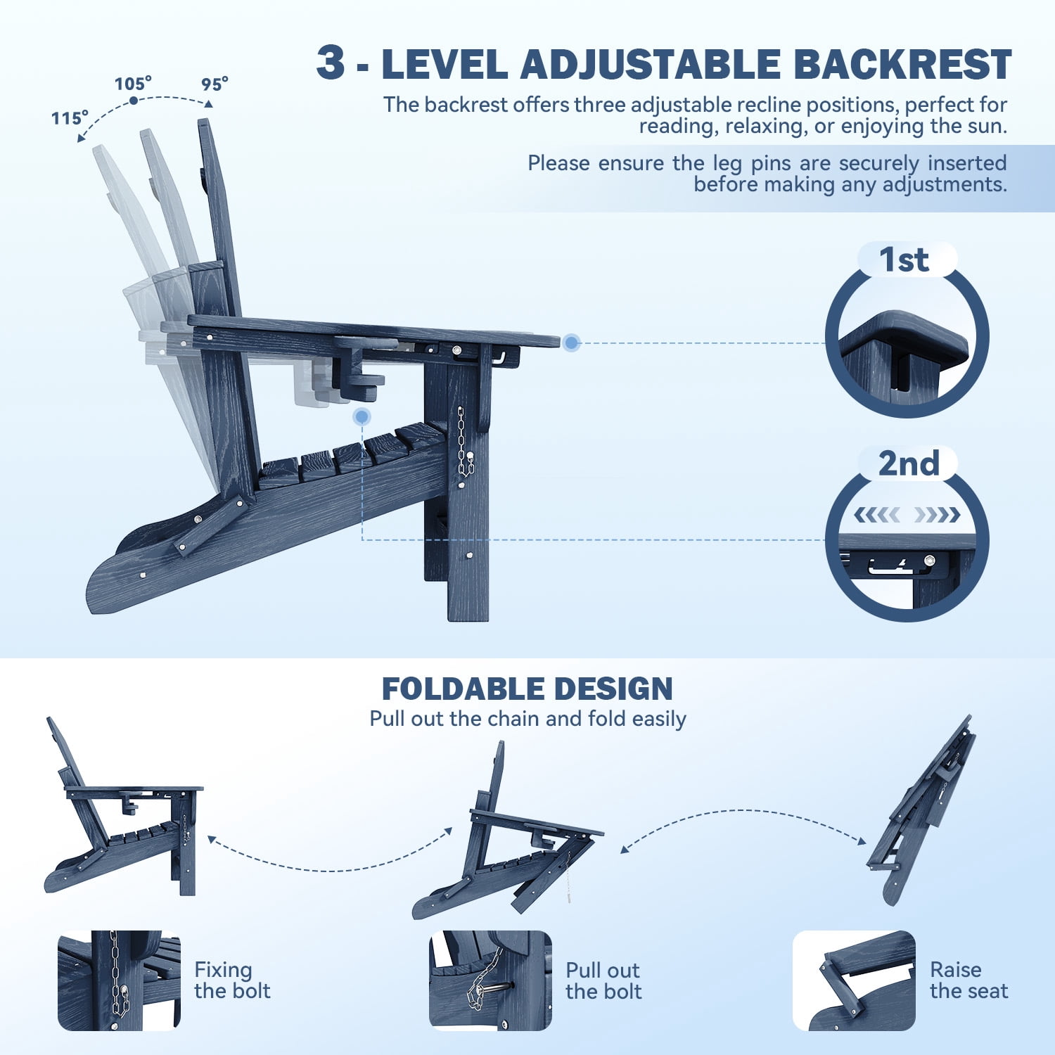 Erinnyees 3-Level Adjustable Adirondack Chair with Retractable Ottoman, HDPE All-Weather Folding Fire Pit Chair with 2 Cup Holders, Outdoor Chair for Garden