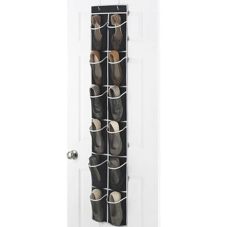 Door Shoe Pockets Narrow Over the Door Shoe Organizer with 12 Mesh Pockets, Over the Door Organizer Great for Accessories, Toiletries, Laundry Items, Black with White Trim. 12” x 57 ½” ()