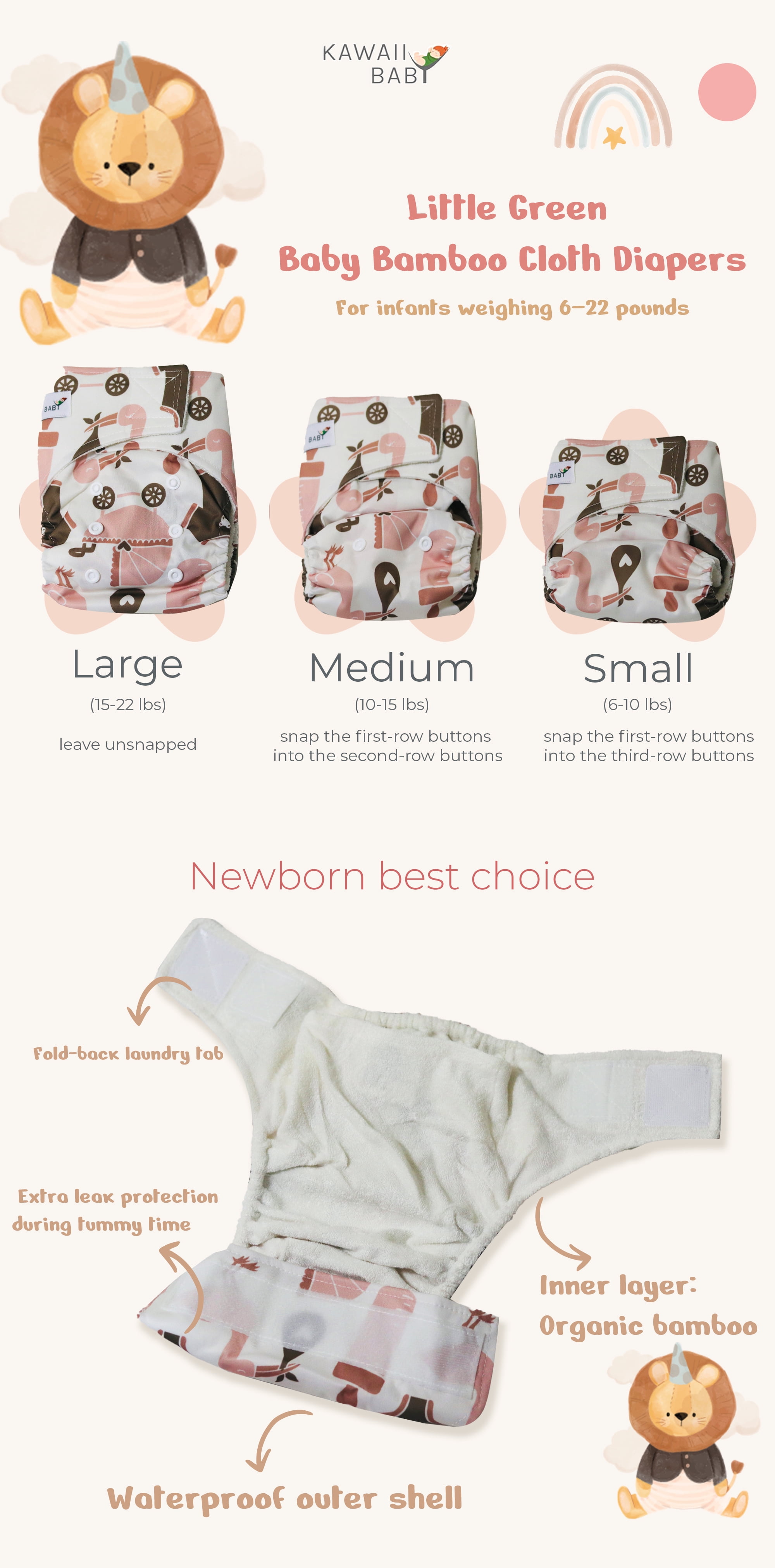 Kawaii Baby Bamboo Cloth Nappies & Diapers  6 Pack with 12 Inserts Newborn, 6-22 lbs | Daily & Overnight Use