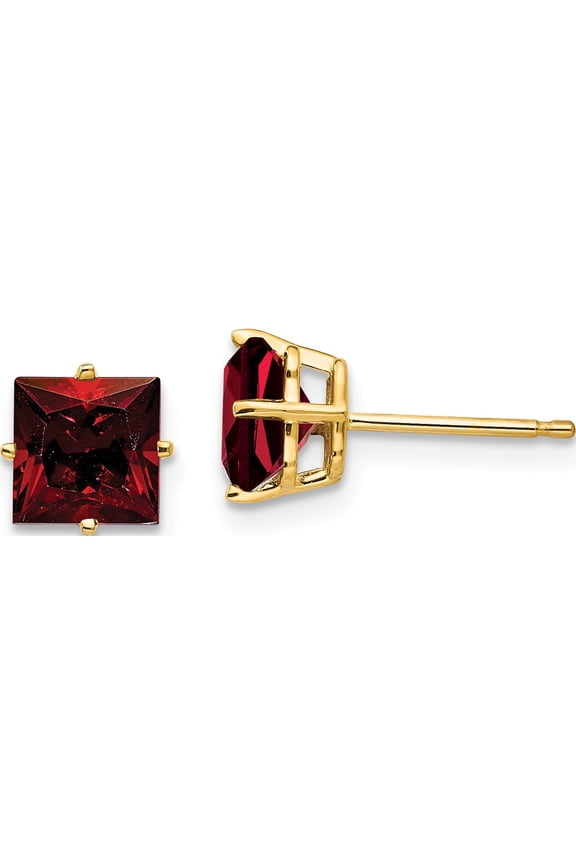 14K Yellow Gold 6mm Princess Cut Garnet Earrings (7 X 7) Made In United States xe62ga