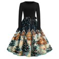 thumbnail image 2 of Christmas Dresses for Women Women's Christmas Printed Round Neck Big Hem Skirt Pleated Skirt Long Sleeved Dress with Christmas Tree and Snow House Print for Holiday Party,Orange,S, 2 of 4