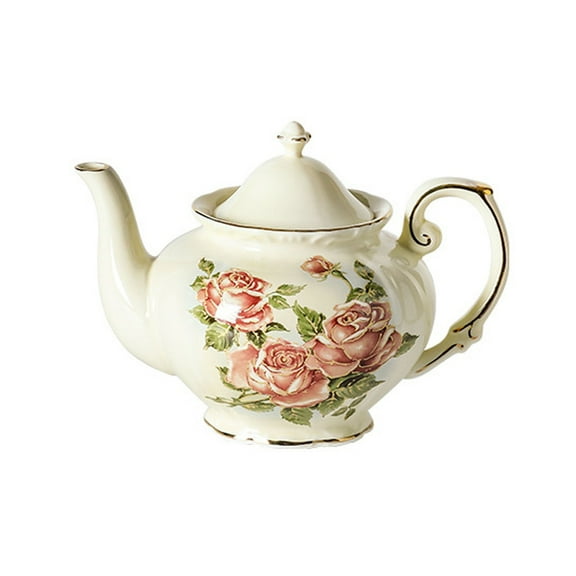 European bone china teapot, vintage flower teapot, vintage ceramic coffee pot with golden side, heat-resistant kettle for party cafe afternoon tea