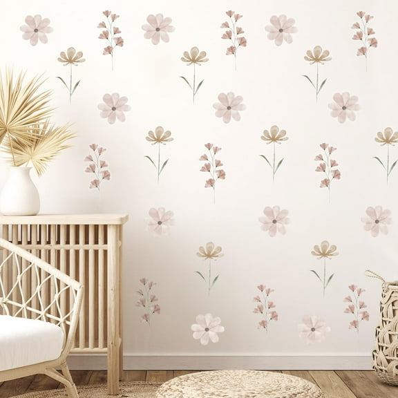 8 Sheets 56 Pcs Boho Flower Wall Decals, Watercolor Pink Daisy Stickers, High Coverage Removable Wall Decorations for Living Room, Bedroom