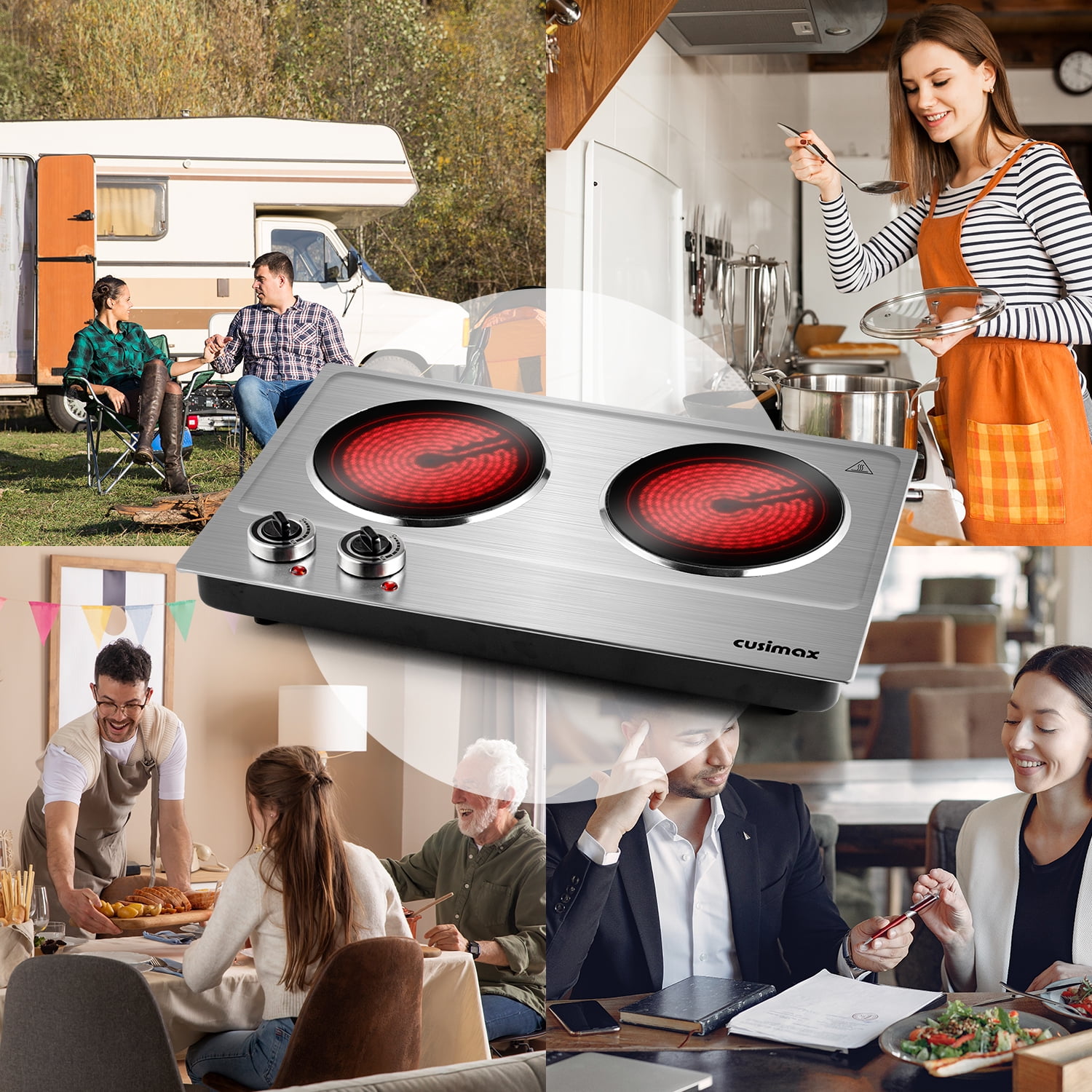 Double Hot Plate, CUSIMAX 1800W Portable Ceramic – Dual Infrared Cooktop with Independent Controls, Stainless Steel & Glass Electric Burner for Countertop Cooking, Upgraded Silver Design