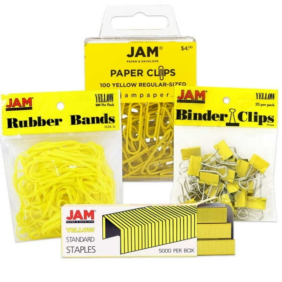 JAM Paper Desk Set, Yellow, 1 Rubber Bands, 1 Staples, 1 Binder Clips & 1 Paper Clips, 4 Pack