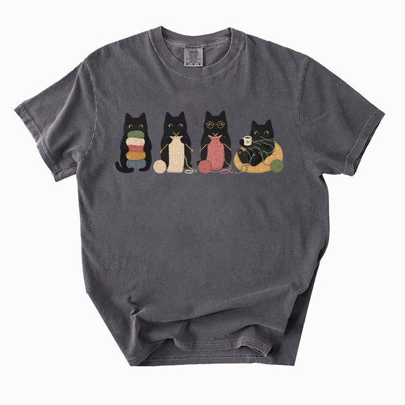 Black Cats Knitting T-Shirt, Funny Yarn Lover Graphic Tee, Cat Mom Gift