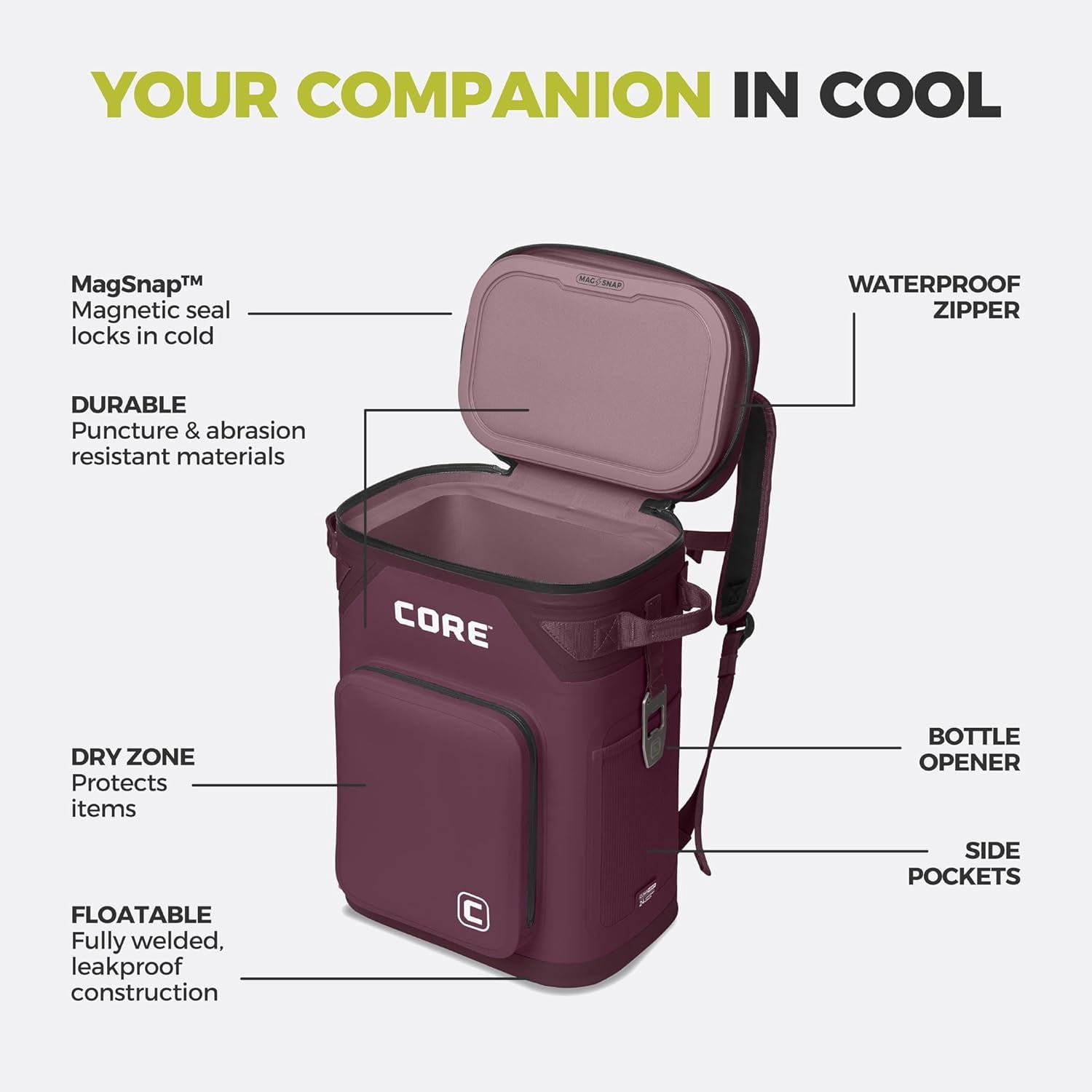 CORE 24 Can Climakeep Magnetic Soft Cooler, Leakproof Cooler, Waterproof Zipper, Mulberry