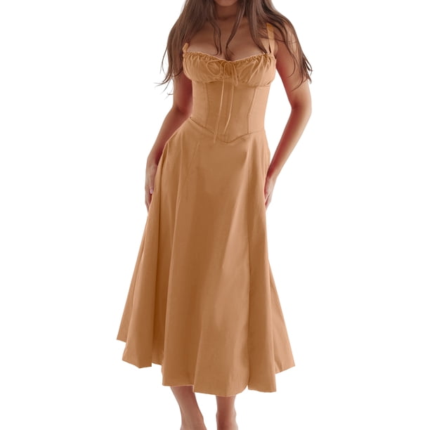 Vestido Midi Vestido Vestido Midi Bandge para mujer Sin espalda Moda Verano Vestido elegante Cóctel (Camel L) Cgtredaw Para estrenar