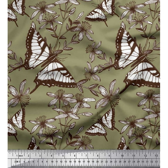 Soimoi Green Poly Georgette Fabric Flower & Butterfly Print Fabric by The Yard 52 Inch Wide