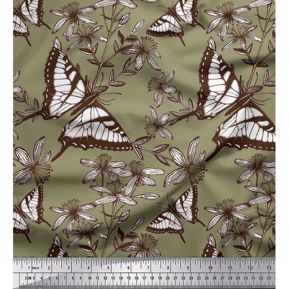 Soimoi Green Satin Silk Fabric Flower & Butterfly Printed Craft Fabric by The Yard 42 Inch Wide