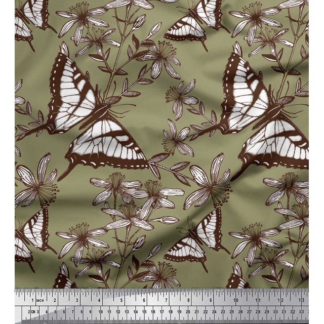 Soimoi Green Rayon Crepe Fabric Flower & Butterfly Print Fabric by The Yard 46 Inch Wide