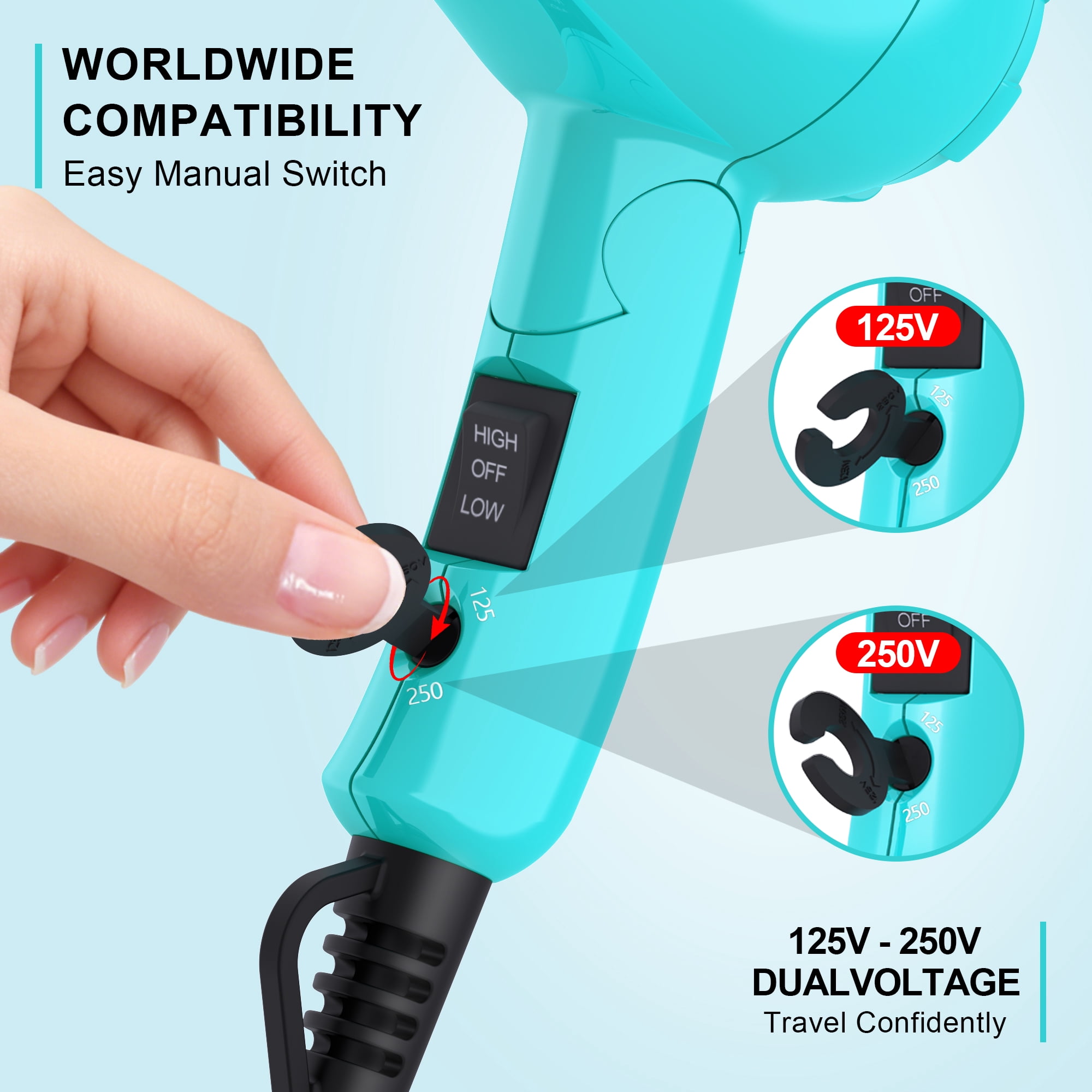 Lura Travel Hair Dryer Dual Voltage Mini Folding Handle Hair Blow Dryer with Concentrator,Blue