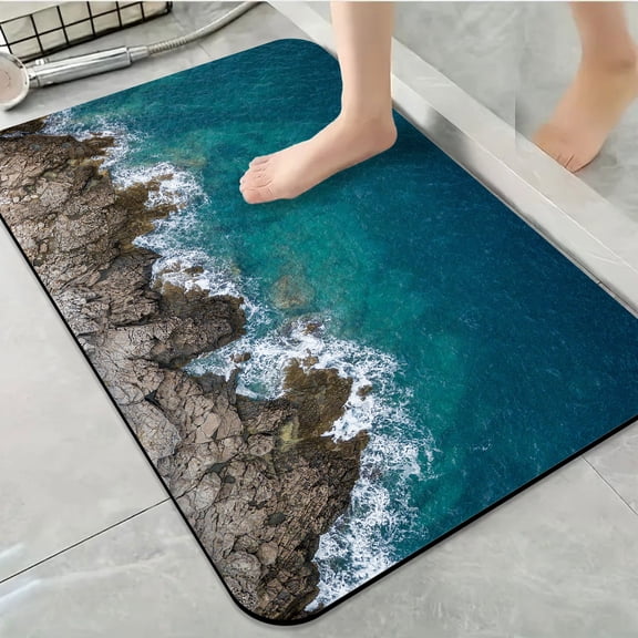 1pc Coastal Rock and Ocean View Bathroom Rug Bathroom Decor and Accessories- Durable,Anti Slip,And Quick Drying,Suitable For Indoor/outdoor Use - Perfect For Bathrooms,Bedrooms,Kitchens