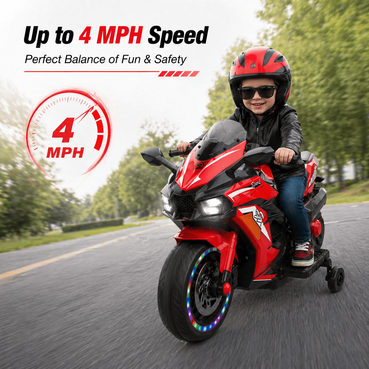 AJOOSOS Electric Motorcycle for Kids 3-5 Years Old, 4 MPH Max Speed, 12V 7AH Battery Powered, LED Lights, Bluetooth Music, Red