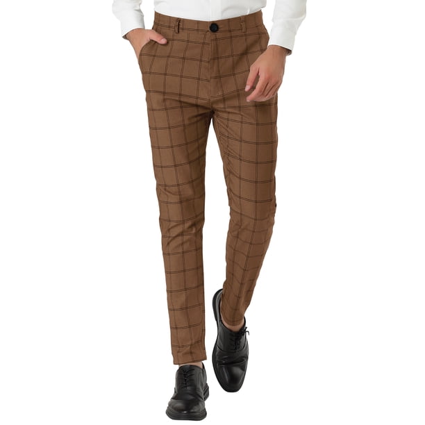 Pantalones de negocios con frente plano y corte slim a cuadros para hombre Marron oscuro L
