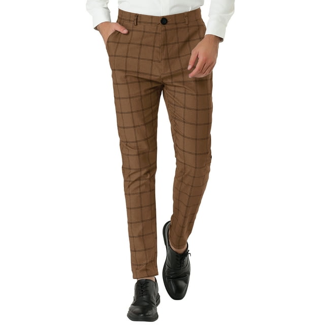 INSPIRE CHIC Men's Plaid Slim Fit Flat Front Dress Pants with Pockets 36 Dark Brown