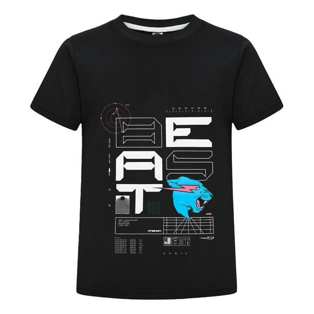 Camiseta Infantil MrBeast Estilo Juvenil Azul Niño Niña Algodón Playera Casual Moda Verano Estampado Pantera Ropa Fans Regalo
