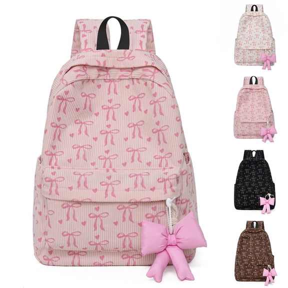 Bow Print Corduroy Backpack with Decor Bow Pendant, Lightweight Large Capacity Student Daypack Water Resistant Casual Backpack for School Daily Travel