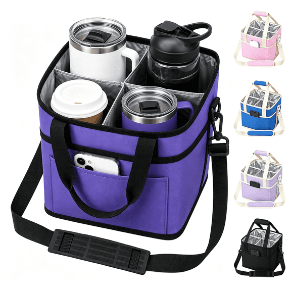 AOMRCOL Drink Carrier Tote Bag,Family Size 4 Compartment Drink Bag Insulated 4 Water Bottle Holder with Adjustable Strap Multiple Tumbler Carrier Caddy for Car,Delivery,Family Outings Fits Any Cup