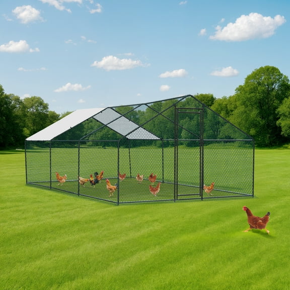Zimtown 20x10ft Walk-in Chicken Coop, Large Metal Poultry Cage with Waterproof Cover for Hens & Rabbits