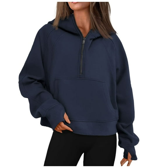Women Oversized Zip Up Hoodie Fleece Quarter Zip Pullover Sweatshirts Solid Long Sleeve Warm Hoodies with Pockets 11-Navy M